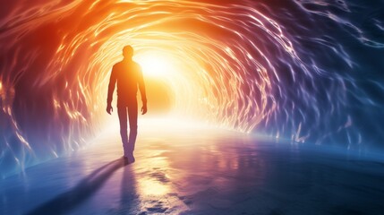A silhouetted figure walking through a glowing tunnel with rippling water illuminated by vibrant orange and blue hues, evoking a sense of mystery and wonder. AI generated.