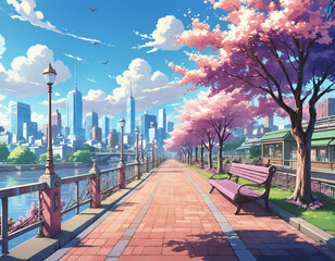 Obraz premium beautiful japanese city street with cherry blossoms in bloom: a colorful anime-inspired urban spring scene