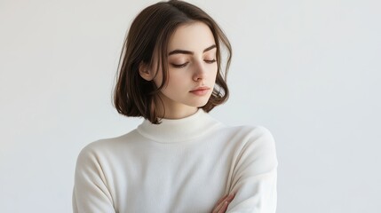 Obraz premium Refined Grace Concept. A contemplative woman in a cozy white sweater, with a soft expression, gazes downward against a neutral background.