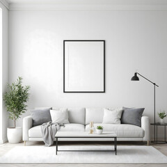 Minimalist living room with white couch and blank frame. Suitable for interior design, home décor, modern lifestyle concepts
