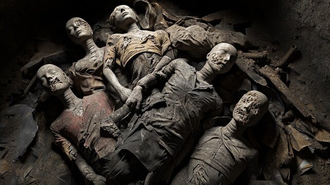 A group of broken mannequin are laying on the ground. The scene is eerie and disturbing, with the mannequins in a state of decomposition