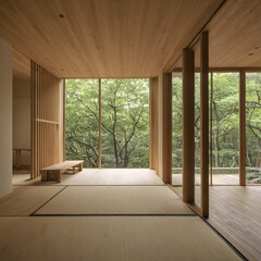 Wooden room with tatami mats and large windows overlooking trees. Perfect for interior design blogs, travel websites, or Japanthemed content