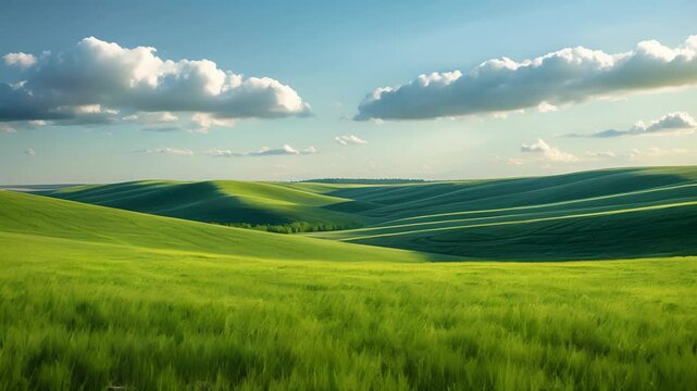 Green rolling hills under blue sky with white clouds