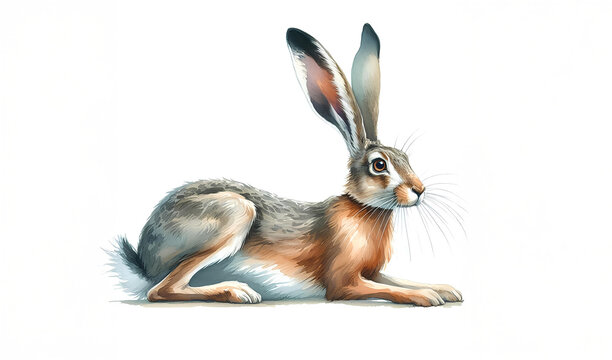 Watercolor rabbit Belgian Hare breed on white background.