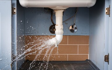 A photo of water spraying out of a cracked pipe under a kitchen sink.