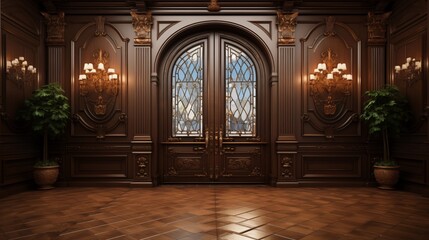 Fototapeta premium A timeless living room featuring classic double doors. Elegant design and sophisticated decor bring warmth to the space.