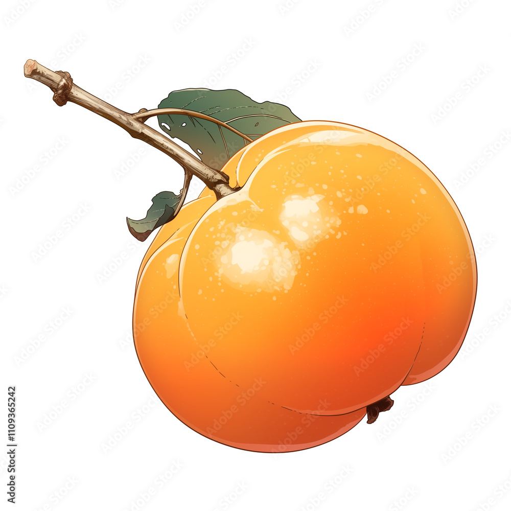 Aufkleber ripe apricot with leaf and stem is isolated on white background, showcasing its vibrant orange color