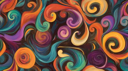 Seamless abstract pattern featuring vibrant colorful swirls on a rich brown background ideal for modern wallpaper and graphic design projects contemporary art fluid art