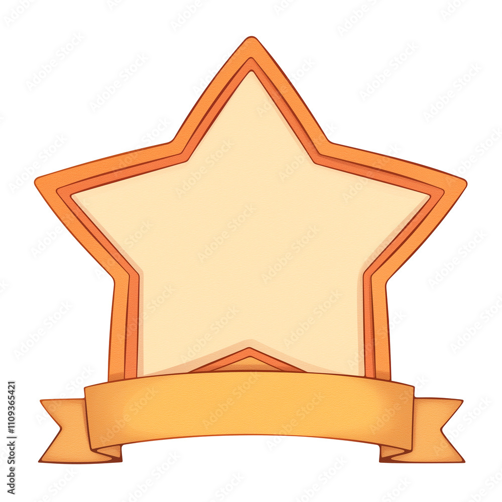 Poster star shaped award certificate with blank center and ribbon at bottom, isolated on white background. 