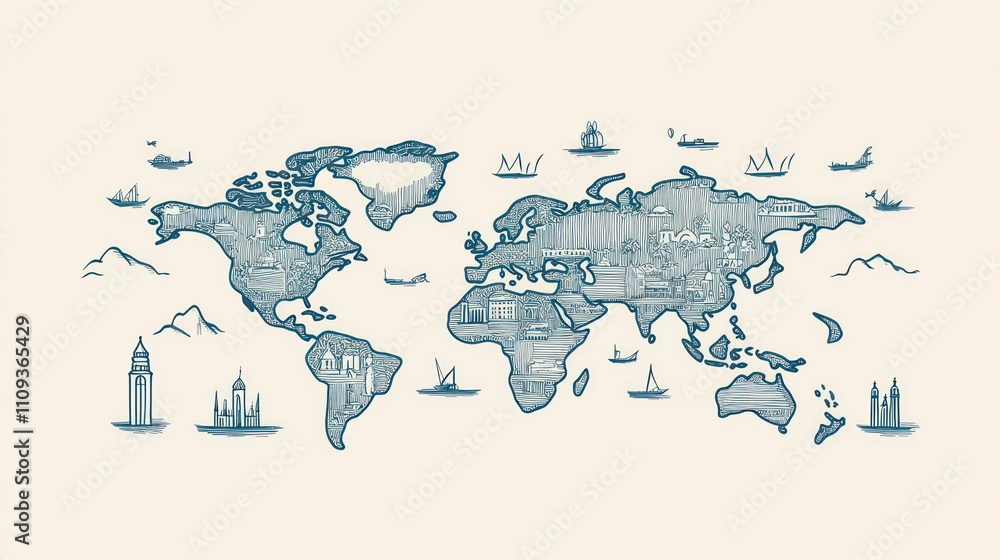 Poster sketch-style world map with iconic landmarks and ships.