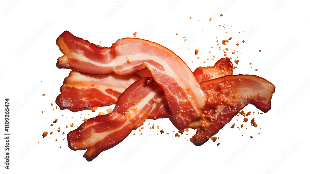 Poster crispy bacon slices with crumbs isolated on white background, showcasing their savory texture and ri