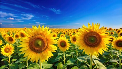 Fototapeta premium Field of yellow sunflowers in bloom under a clear blue sky, yellow, flowers, field, sunny, petals, nature, vibrant