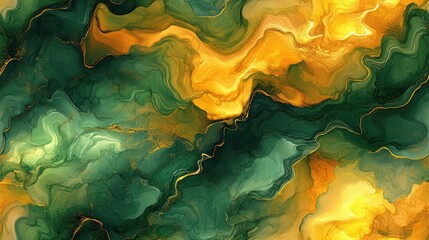 Seamless abstract alcohol ink pattern featuring text frames in rich green gold and yellow hues perfect for elegant invitations or stationery