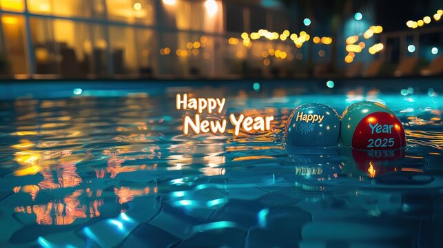 A swimming pool surface rippling to display "Happy New Year 2025" under soft lighting.
