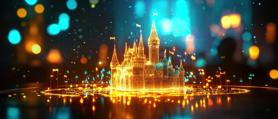 Fototapeta premium glowing holographic projection of magical castle surrounded by vibrant lights creates captivating atmosphere. intricate details and shimmering effects enhance enchanting scene