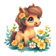 Cute Pony with Flower Crown Sitting Among Yellow Flowers, Cartoon Style - Transparent PNG