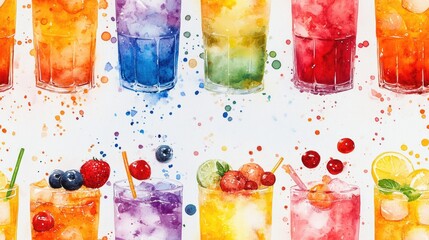 Colorful seamless pattern of watercolor kawaii drinks with playful designs perfect for fabric and stationery products