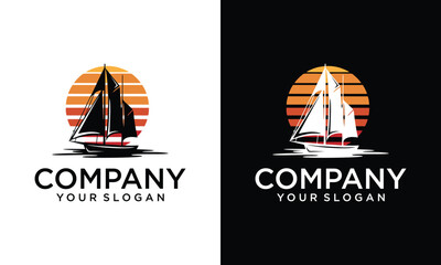 Creative sunset with sailing ship logo vintage vector illustration design, retro marine collection