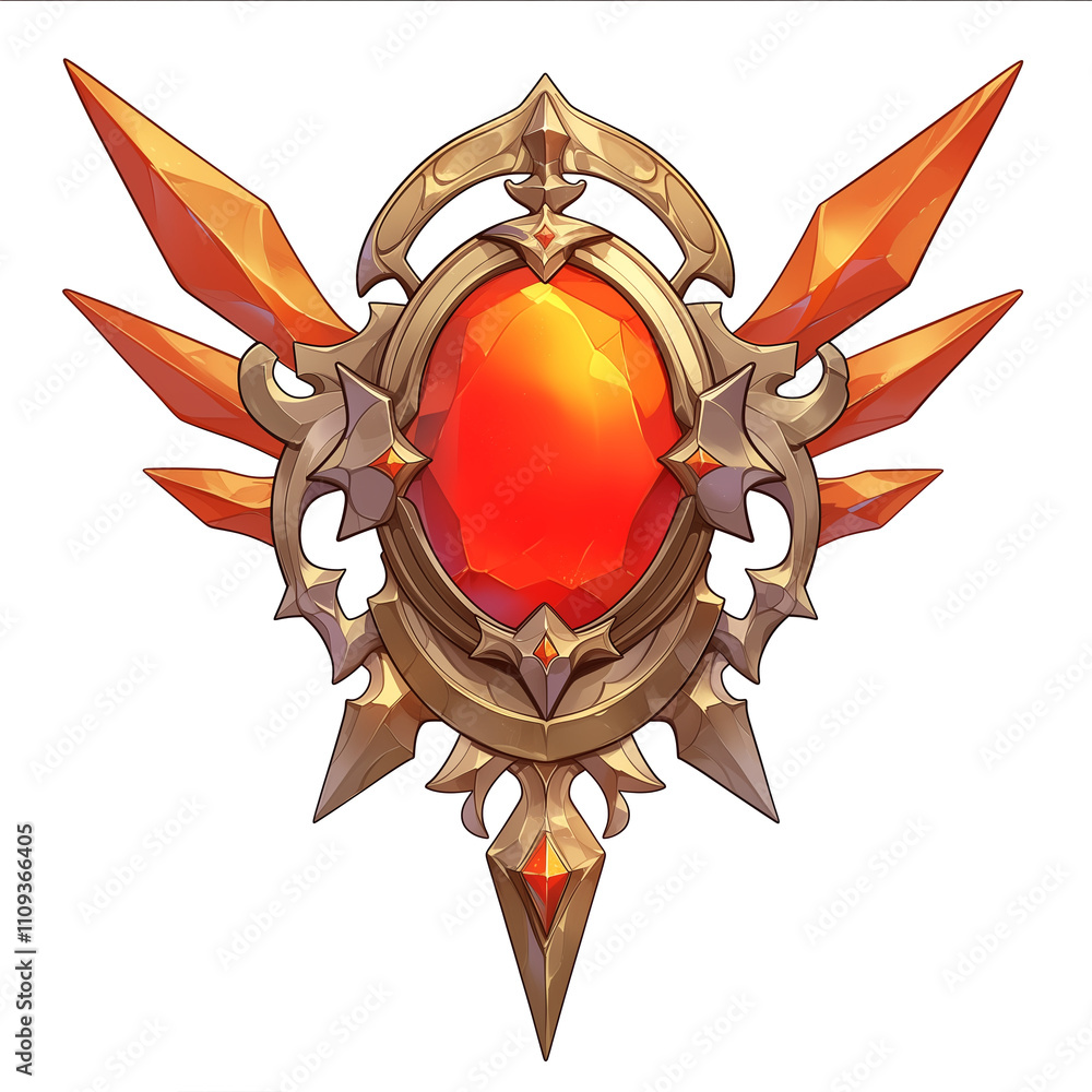 Aufkleber vibrant carnelian banner insignia with intricate gold detailing and sharp, angular designs, isolated