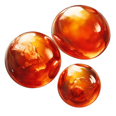 Three polished carnelian stones with rich orange hues and smooth surfaces are isolated on white background, showcasing their natural beauty and vibrant color