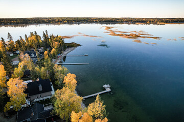 A lake with a house and dock in the background