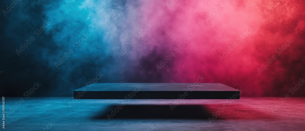 Poster a floating platform illuminated by colorful smoke, creating a mystical atmosphere.