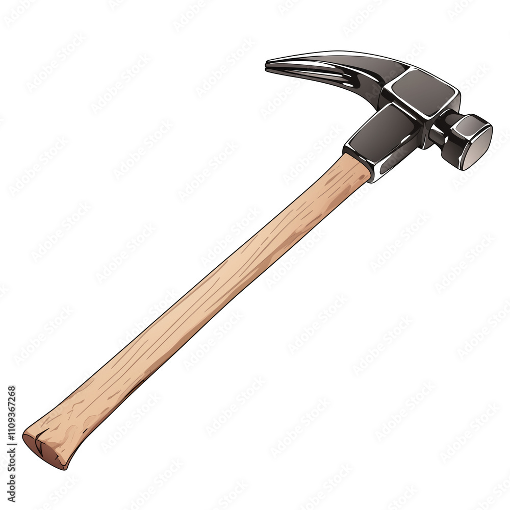 Poster claw hammer with wooden handle and metal head is isolated on white background, showcasing its sturdy design and practical use for construction and carpentry tasks