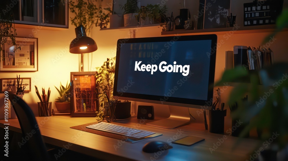 Poster Night work desk with computer displaying 