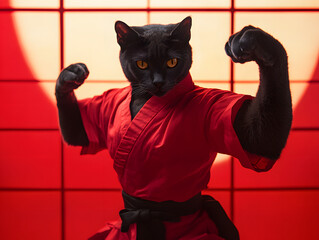 muscular black cat in red karate uniform strikes powerful pose, showcasing strength and confidence against vibrant red backdrop