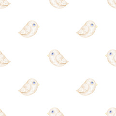 Bird. Watercolor seamless pattern on white background in pastel colors. Cute illustration for textile and wrapping paper for Easter day