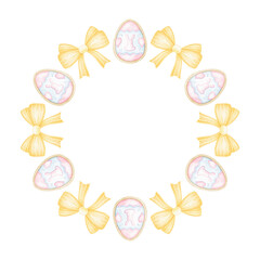 bow, easter gingerbread egg. Watercolor round frame template on white background in pastel colors. Cute illustration for textile and wrapping paper for Easter day