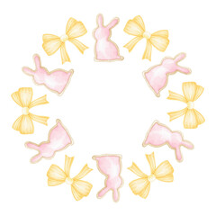 bow, gingerbread bunny. Watercolor round frame template on white background in pastel colors. Cute illustration for textile and wrapping paper for Easter day