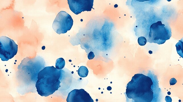Seamless pattern of abstract blue spots on a soft peach background decorative watercolor texture