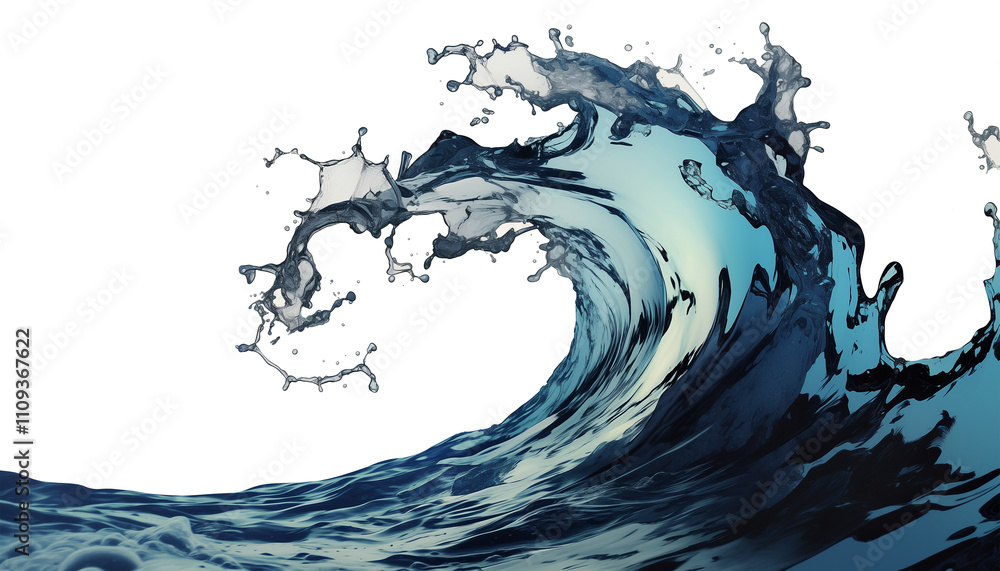 Poster dynamic wave of deep sea water captured in motion, isolated on white background, showcasing fluidity