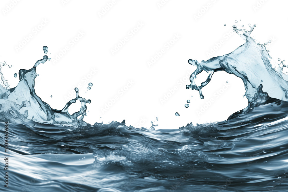 Poster crystal clear water splashes dynamically isolated on white background, capturing fluid motion and en
