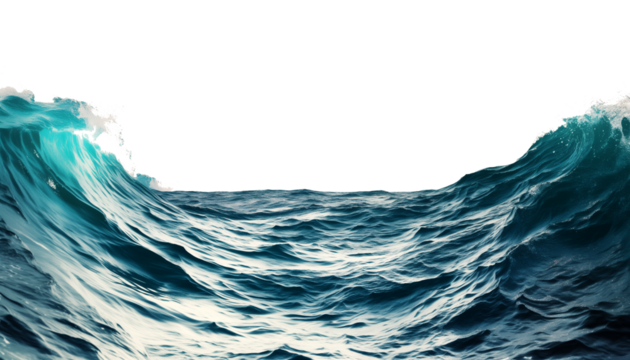Dynamic ocean waves with foamy crests isolated on white background, capturing power and beauty of sea