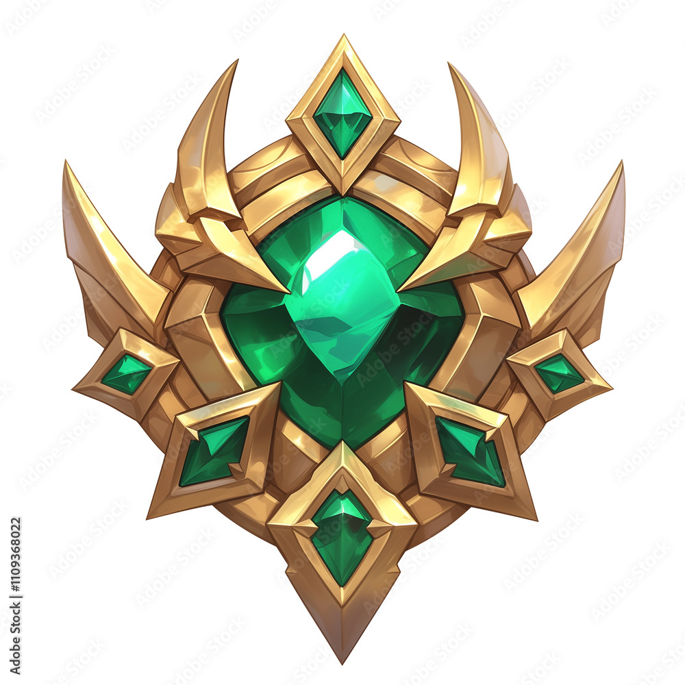 Poster golden crown with emerald gems, featuring intricate geometric designs and sharp edges, isolated on w