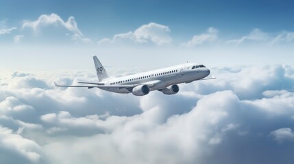 Fototapeta premium Commercial airplane flying above clouds in the blue sky.