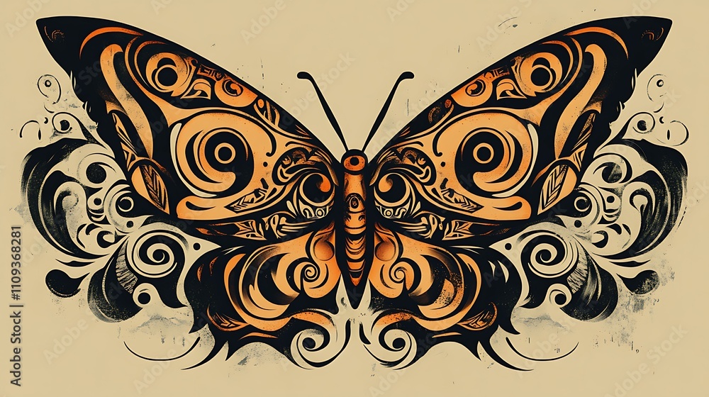 Poster ornate butterfly design with swirling patterns and textured background.