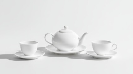 Fototapeta premium White teapot and two teacups on saucers.