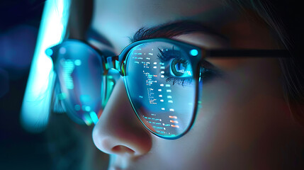 Focused female developer coder wears glasses working on computer looking at code and data on computer screen. created with Generative AI technology