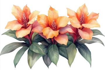 Fototapeta premium A vibrant illustration of three orange hibiscus flowers with lush green leaves.