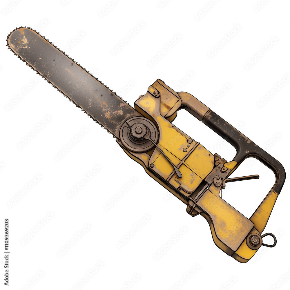 Aufkleber yellow and black hacksaw with sturdy handle and sharp blade, isolated on white background, showcasing its industrial design and functionality