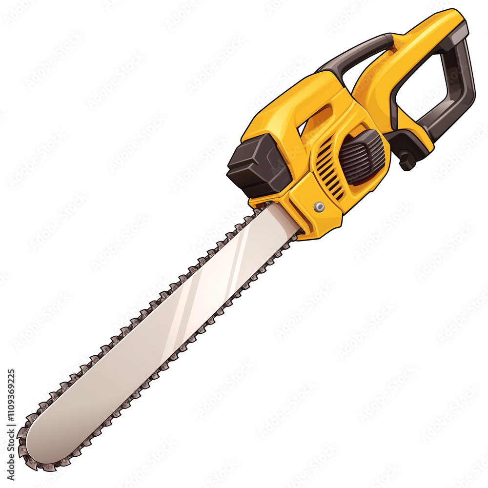 Poster yellow chainsaw with black handle and silver blade isolated on white background, showcasing its shar