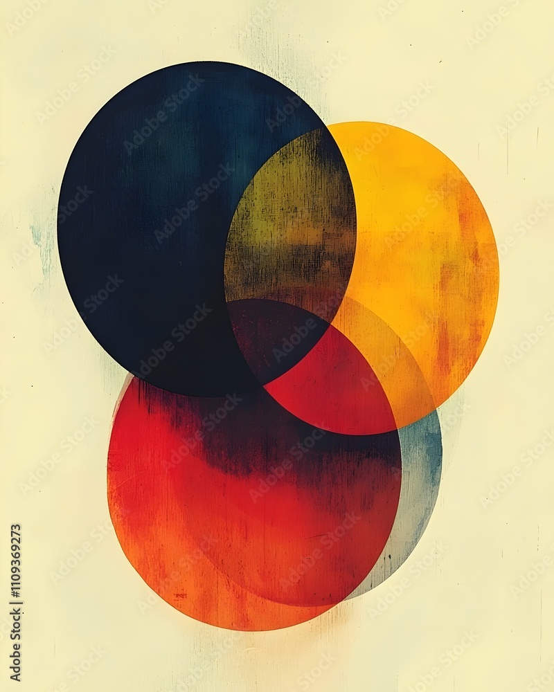 Poster an abstract composition featuring overlapping circular shapes in deep blue, vibrant orange, and warm