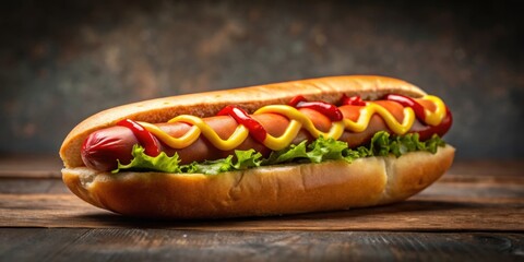 Close up of a delicious hot dog with mustard and ketchup on a high-quality HD 4K background, tasty, fast food, hot dog