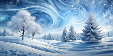 Abstract winter landscape with swirling snow and icy trees, winter, abstract, landscape, snow, ice, trees, cold, frozen