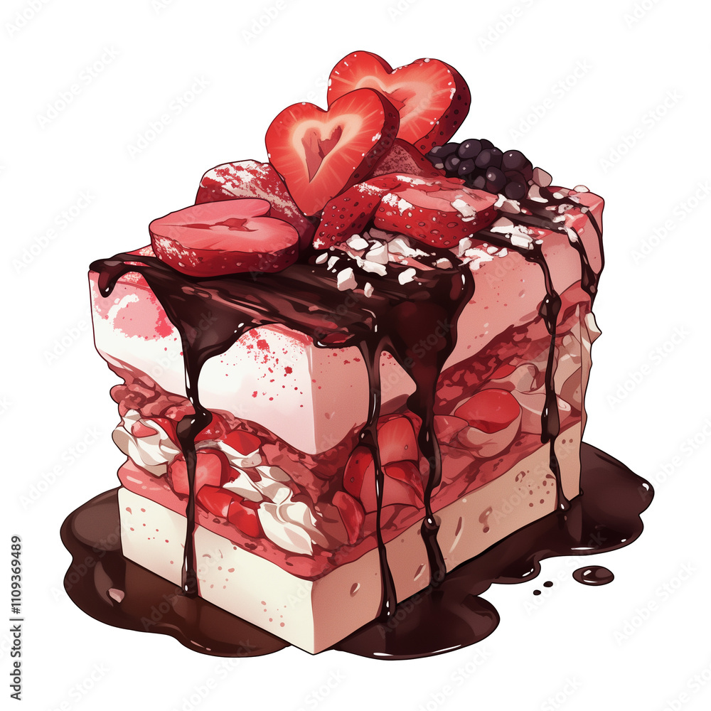 Poster delicious slice of layered strawberry cake topped with heart shaped strawberries and drizzled with r