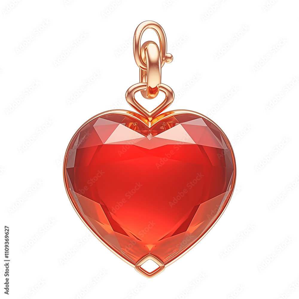 Poster sparkling red heart shaped charm with gold loop, isolated on white background, exudes elegance and r
