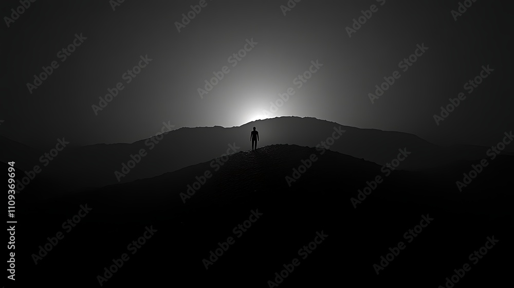 Poster a single figure in silhouette walking through an open field under a vast, gradient sky, minimalistic